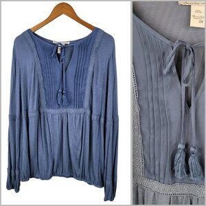 American Tag Peasant Top Plus 2X boho hippie shirt Lightweight Lace Trim Blue